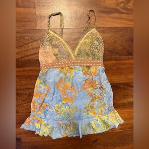 Santiki Boho Floral Mix Green & Blue Lace-Trim Tank Top